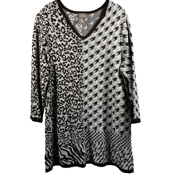 Chicos Women's Sweater L Brown White Mixed Prints Animal Herringbone Slits Tunic - Picture 1 of 8